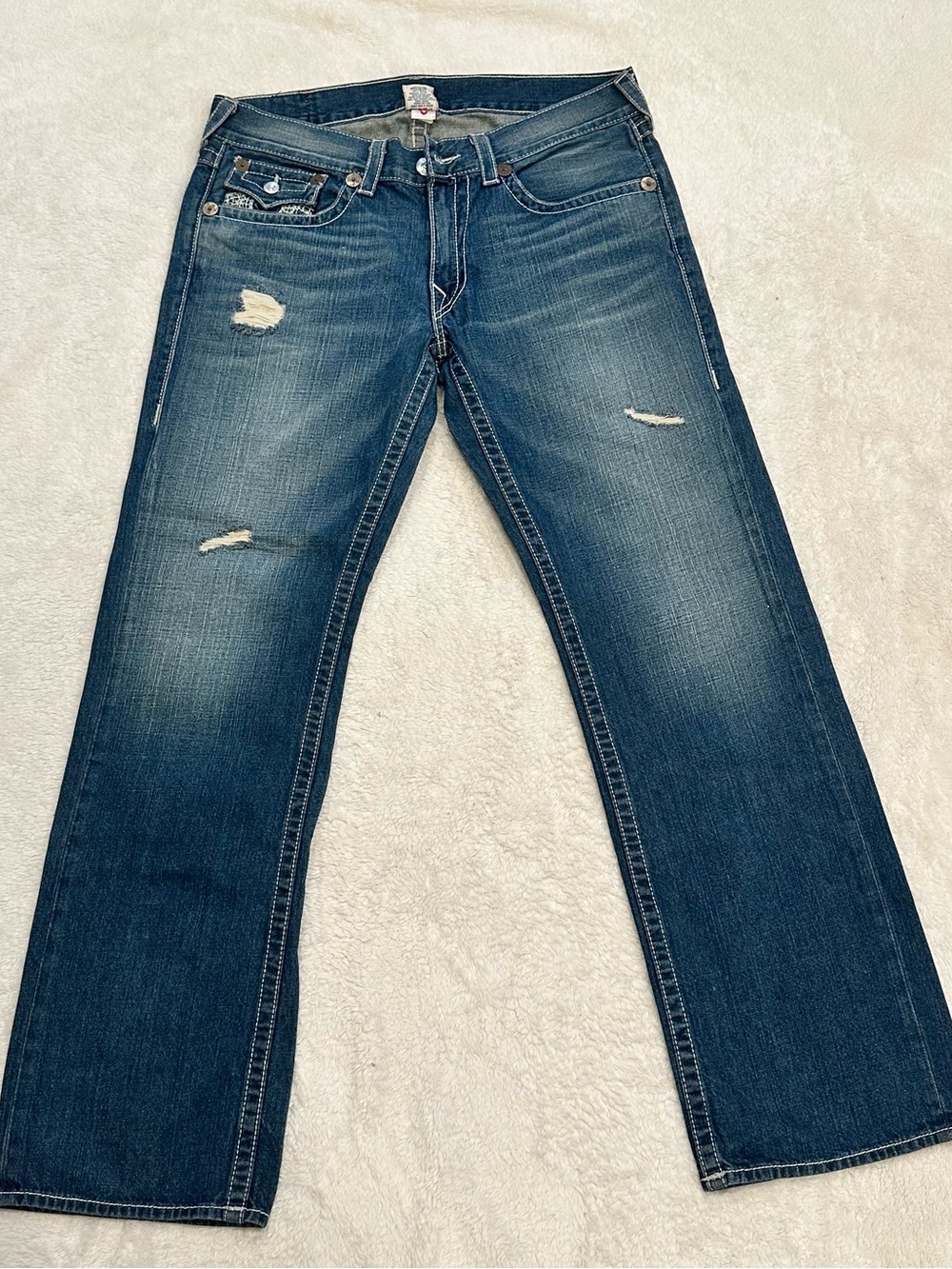VTG True Religion Ricky Straight Jeans Lace Crochet Stitch 36x34 Made in USA